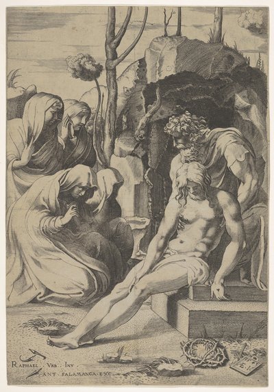 Graflegging van Christus, wiens borst wordt vastgegrepen door Jozef van Arimathea, met twee knielende, 1543 door Enea Vico
