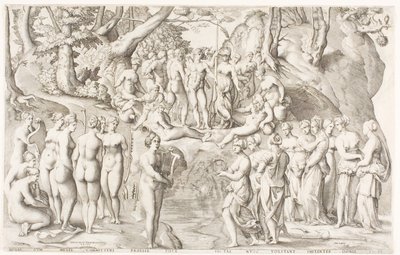 Het Geschil tussen de Muzen en de Dochters van Pierios op Parnassus door Enea Vico