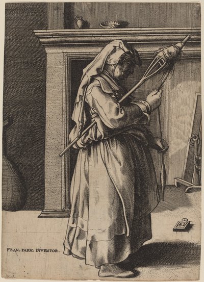Oude Vrouw met een Spinrok door Enea Vico after Parmigianino