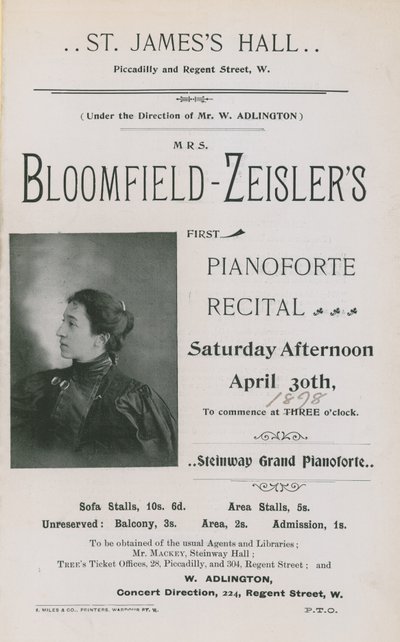 Advertentie voor een concert door Fannie Bloomfield-Zeisler door English Photographer