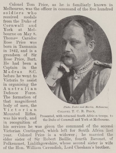 Kolonel T C R Price, gepresenteerd, met teruggekeerde Zuid-Afrikaanse troepen, aan de hertog van Cornwall en York in Melbourne door English Photographer