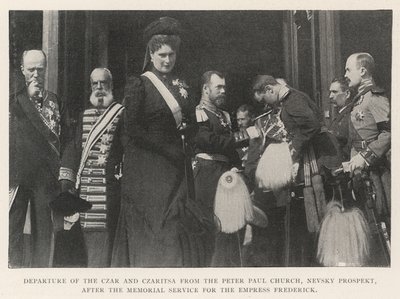 Vertrek van de Tsaar en Tsarina uit de Peter Paul Kerk, Nevsky Prospect, na de Herdenkingsdienst voor Keizerin Frederick door English Photographer