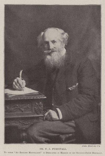 Dr. F J Furnivall, aan wie An English Miscellany is opgedragen ter ere van zijn Vijfenzeventigste Verjaardag door English Photographer
