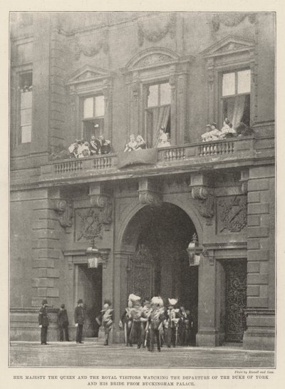 Hare Majesteit de Koningin en de Koninklijke Bezoekers kijken naar het Vertrek van de Hertog van York en zijn Bruid vanuit Buckingham Palace door English Photographer