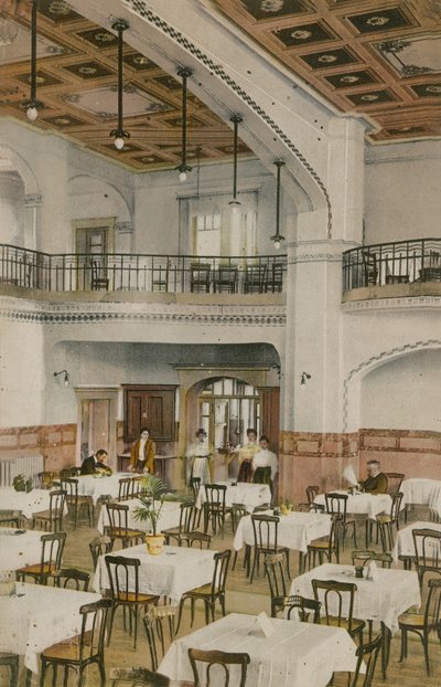 Interieur van een theesalon uit het begin van de twintigste eeuw. Ansichtkaart verzonden in 1913 door English Photographer