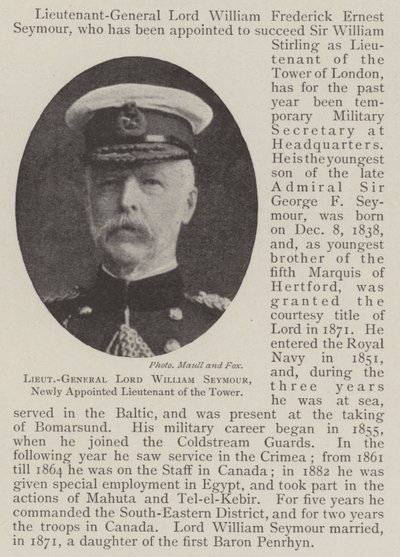 Luitenant-generaal Lord William Seymour, Nieuw Benoemde Luitenant van de Toren door English Photographer