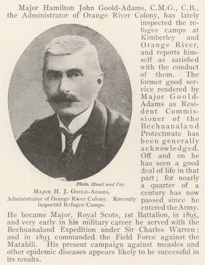 Majoor H J Goold-Adams, beheerder van de Oranje Rivier Kolonie, recentelijk vluchtelingenkampen geïnspecteerd door English Photographer