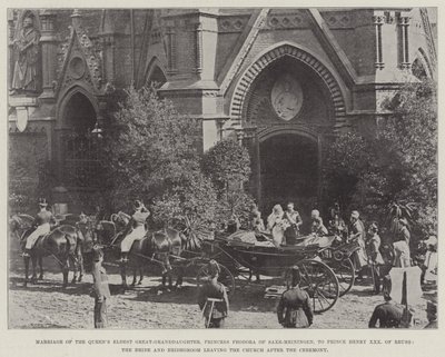 Huwelijk van de oudste achterkleindochter van de koningin, prinses Feodora van Saksen-Meiningen, met prins Hendrik XXX van Reuss, de bruid en bruidegom verlaten de kerk na de ceremonie door English Photographer
