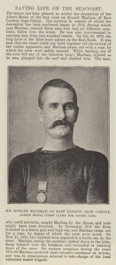 De heer Ronald Maclean, van Oost-Londen, Kaapkolonie, Albert Medaille (Eerste Klasse) voor het redden van levens door English Photographer