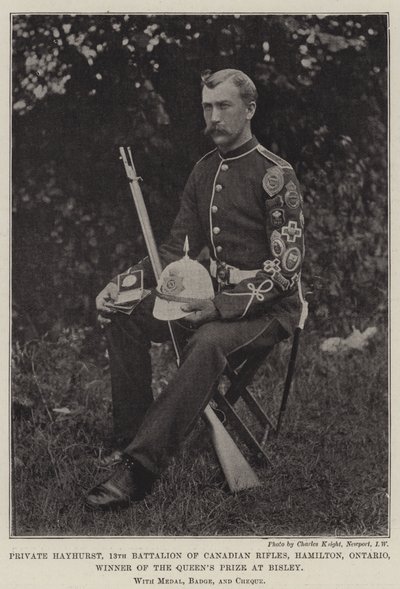 Private Hayhurst, 13e Bataljon van de Canadese Rifles, Hamilton, Ontario, winnaar van de Queens Prize in Bisley, met medaille, badge en cheque door English Photographer