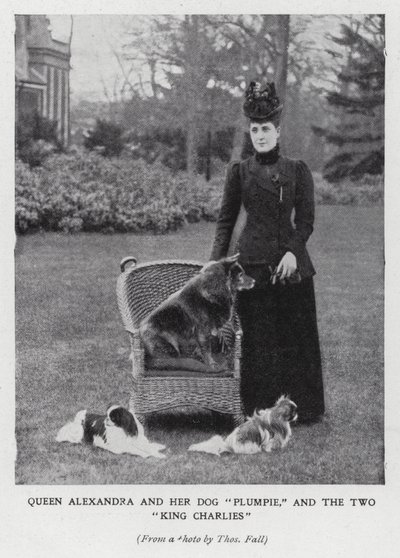 Koningin Alexandra met haar hond, Plumpie, en haar twee King Charles spaniels door English Photographer