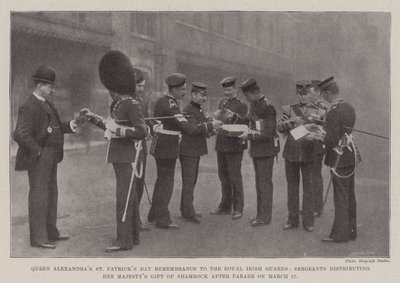 Koningin Alexandras St Patricks Day-herinnering aan de Royal Irish Guards, sergeanten die het geschenk van shamrock van Hare Majesteit uitdelen na de parade op 17 maart door English Photographer