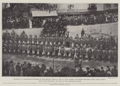 Ontvangst in Kingston-on-Thames van het Service Corps van de 2e East Surrey Vrijwilligers teruggekeerd uit Zuid-Afrika, de Burgemeester verwelkomt de Mannen bij de Kroningssteen door English Photographer