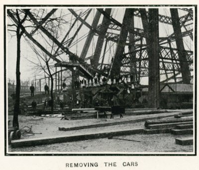 Het Grote Wiel verwijderen in Earls Court, Londen; het verwijderen van de wagens; uit The Sphere, 13 april 1907 door English Photographer