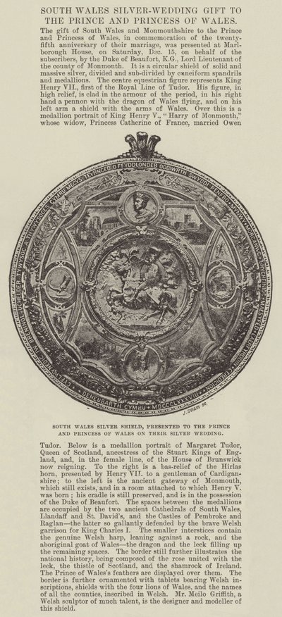 Zilveren schild van Zuid-Wales, aangeboden aan de prins en prinses van Wales bij hun zilveren bruiloft door English Photographer