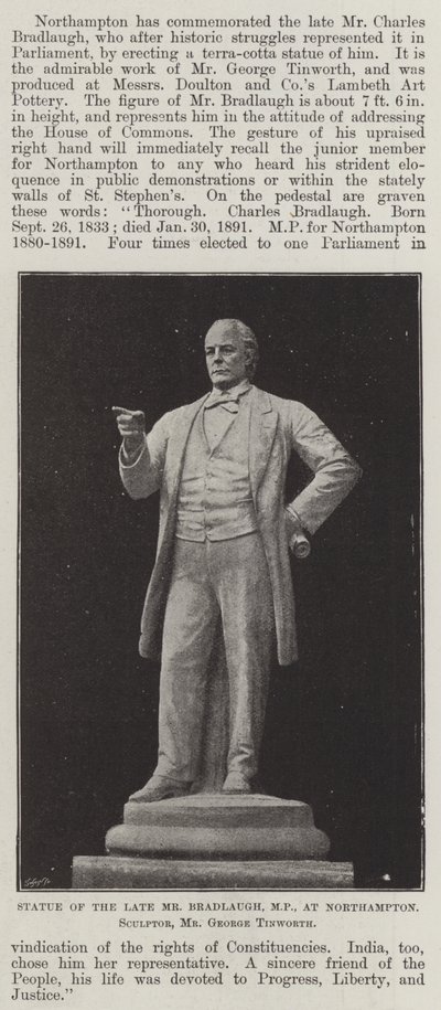 Standbeeld van de overleden Mr Bradlaugh, MP, in Northampton, Beeldhouwer, Mr George Tinworth door English Photographer