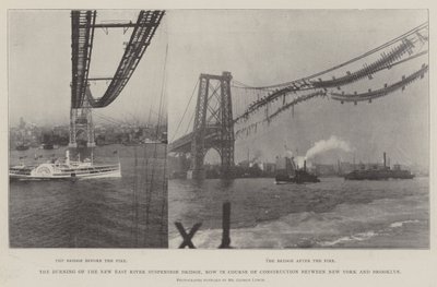 De Brand van de Nieuwe East River Hangbrug, nu in Aanbouw tussen New York en Brooklyn door English Photographer