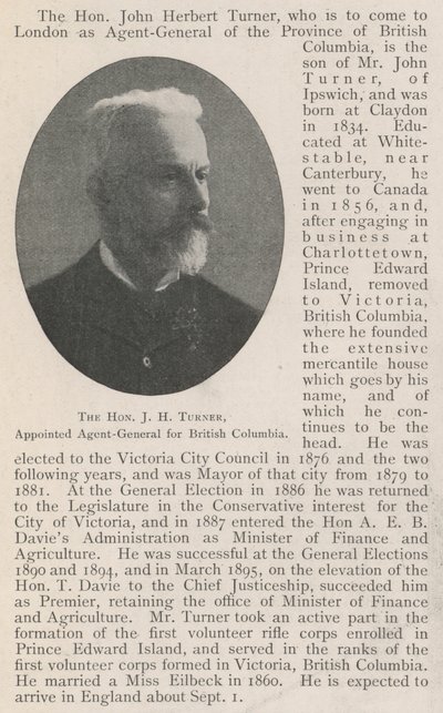 De Eerwaarde J H Turner, Benoemd tot Agent-Generaal voor Brits-Columbia door English Photographer
