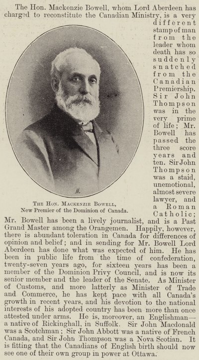 De Honourable Mackenzie Bowell, nieuwe premier van het Dominion van Canada door English Photographer