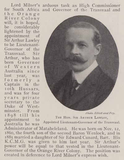 De eerwaarde Sir Arthur Lawley, benoemd tot luitenant-gouverneur van de Transvaal door English Photographer