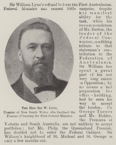 De eerwaarde Sir W. Lyne, premier van New South Wales, die de eer weigerde om het eerste federale ministerie te vormen door English Photographer