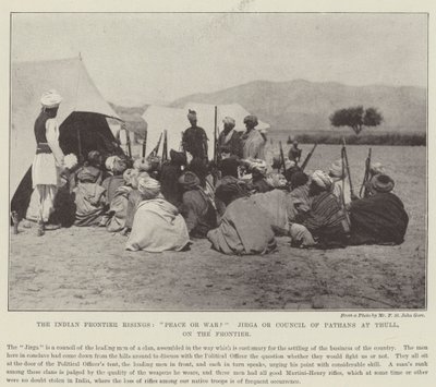 De Indiase grensopstanden, vrede of oorlog? Jirga of Raad van Pathanen in Thull, aan de grens door English Photographer