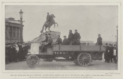 De Nieuwe Macht en de Oude Machthebber, Benzinemotor gebruikt in het Russische Leger langs het Standbeeld van Peter de Grote door English Photographer