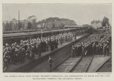 Het Queens Royal West Surrey Regiment op weg naar Southampton op weg naar de Kaap, matrozen juichen de vertrekkende troepen toe door English Photographer