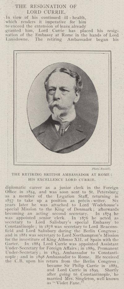 De aftredende Britse ambassadeur in Rome, Zijne Excellentie Lord Currie door English Photographer