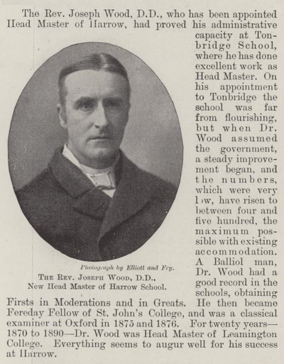 De eerwaarde Joseph Wood, DD, nieuwe hoofdmeester van Harrow School door English Photographer