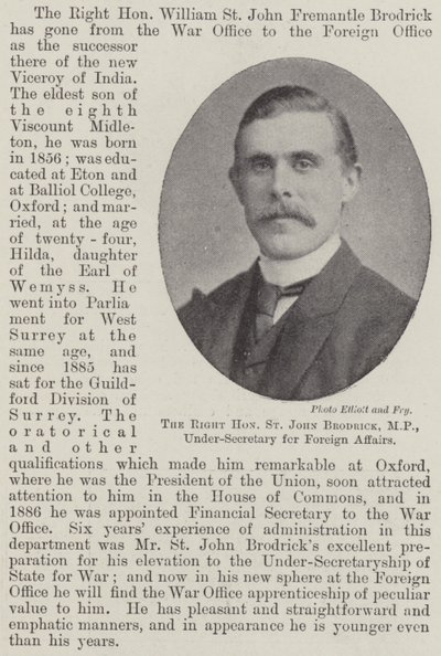 De eerwaarde St John Brodrick, MP, onderminister van Buitenlandse Zaken door English Photographer