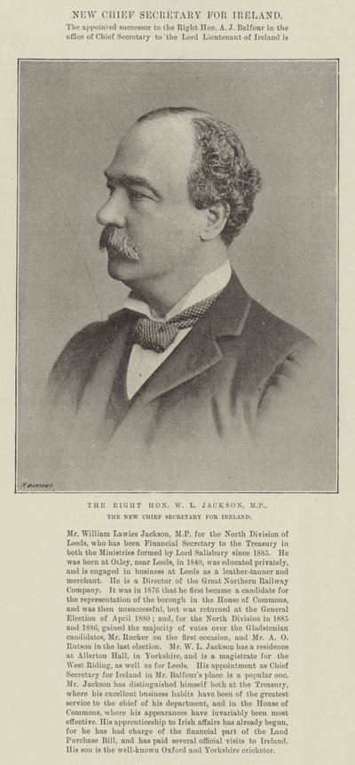 De zeer eerbiedwaardige W L Jackson, MP, de nieuwe hoofdsecretaris voor Ierland door English Photographer