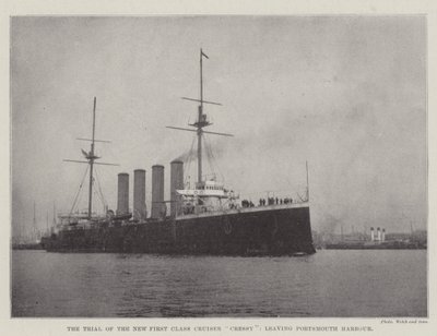 De proefvaart van de nieuwe eersteklas kruiser Cressy, vertrekkend uit de haven van Portsmouth door English Photographer