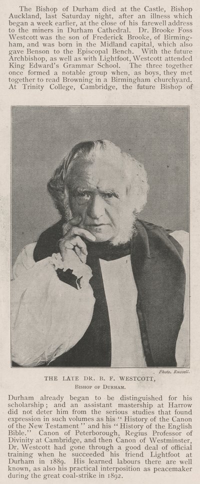De Wijlen Dr. B F Westcott, Bisschop van Durham door English Photographer