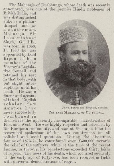 De overleden Maharaja van Durbhunga door English Photographer