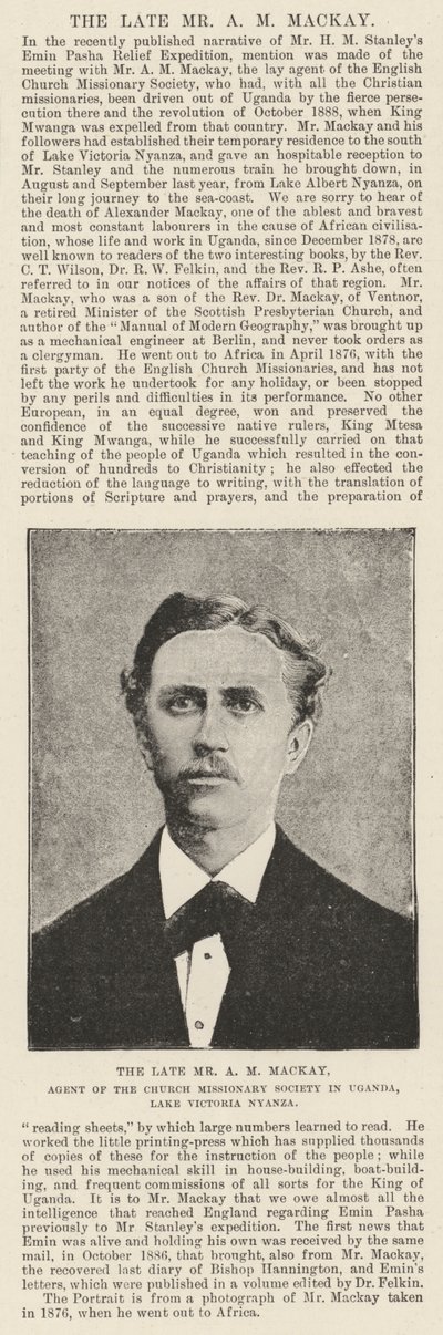 De wijlen Mr. A. M. Mackay, Agent van de Church Missionary Society in Oeganda, Lake Victoria Nyanza door English Photographer