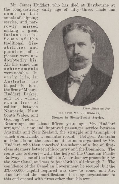 De overleden Mr J Huddart, pionier in stoomscheepvaartdienst door English Photographer