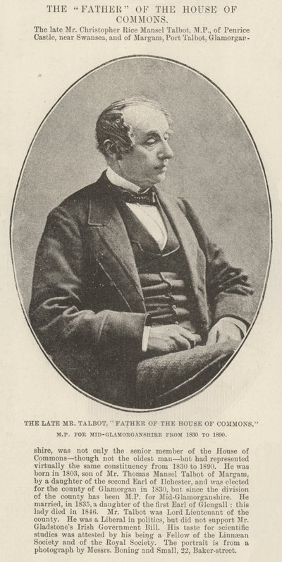De wijlen meneer Talbot, vader van het Lagerhuis, parlementslid voor Mid-Glamorganshire van 1830 tot 1890 door English Photographer