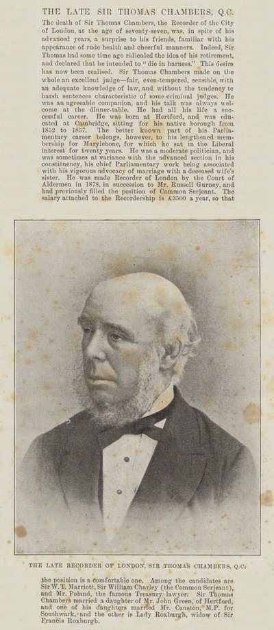 De overleden Recorder van Londen, Sir Thomas Chambers, QC door English Photographer