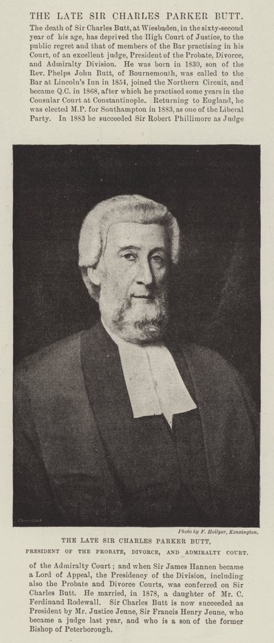 Wijlen Sir Charles Parker Butt, president van de Probate, Divorce, and Admiralty Court door English Photographer