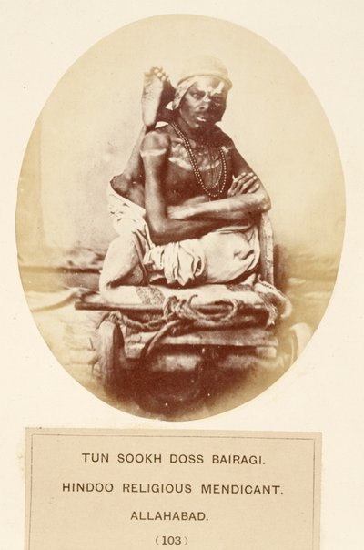 Tun Sookh Doss Bairago, Hindoe religieuze bedelaar, Allahabad, uit The People of India, door J. Forbes Watson, uitgegeven 1868 door English Photographer