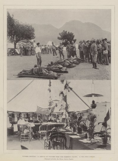 Wynberg ziekenhuis, aankomst van gewonden van Lord Robertss colonne, de veldbibliotheek door English Photographer