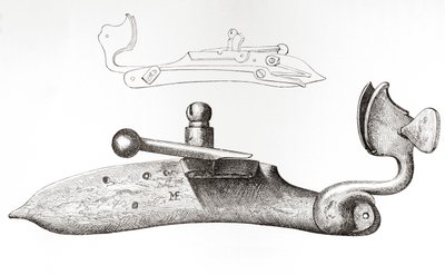 17e eeuws Snaphaan. Mechanisme of slot gebruikt voor het afvuren van een handvuurwapen, uit The British Army: Its Origins, Progress and Equipment, gepubliceerd 1868. door English School