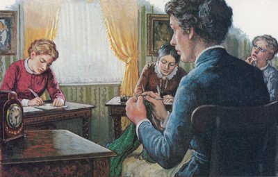 1873, drie studenten van het pas opgerichte Girton College doen eindexamen (kleurenlitho) door English School