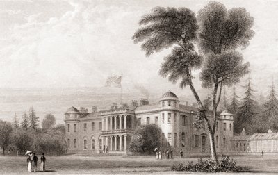 19e-eeuws uitzicht op Goodwood House, West Sussex, Zuid-Engeland. Uit Churton