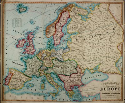 Een 19e-eeuwse gekleurde kaart van Europa, samengesteld voor gebruik in colleges en scholen door English School