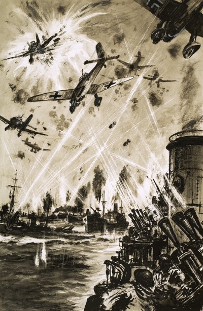 Een Britse konvooi in de Tweede Wereldoorlog onder aanval van Duitse Stuka