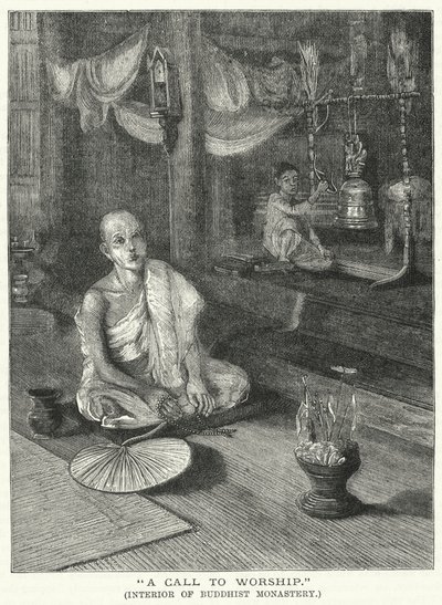"Een oproep tot aanbidding," interieur van een boeddhistisch klooster (gravure) door English School