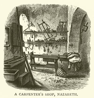 Een timmermanswerkplaats, Nazareth (gravure) door English School