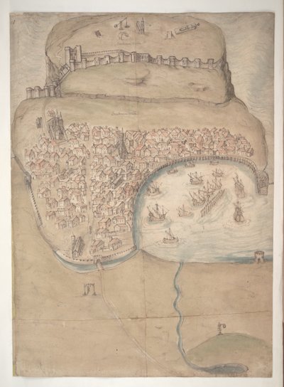 Een gekleurd plan of vogelvlucht van Scarborough Town en Castle door English School